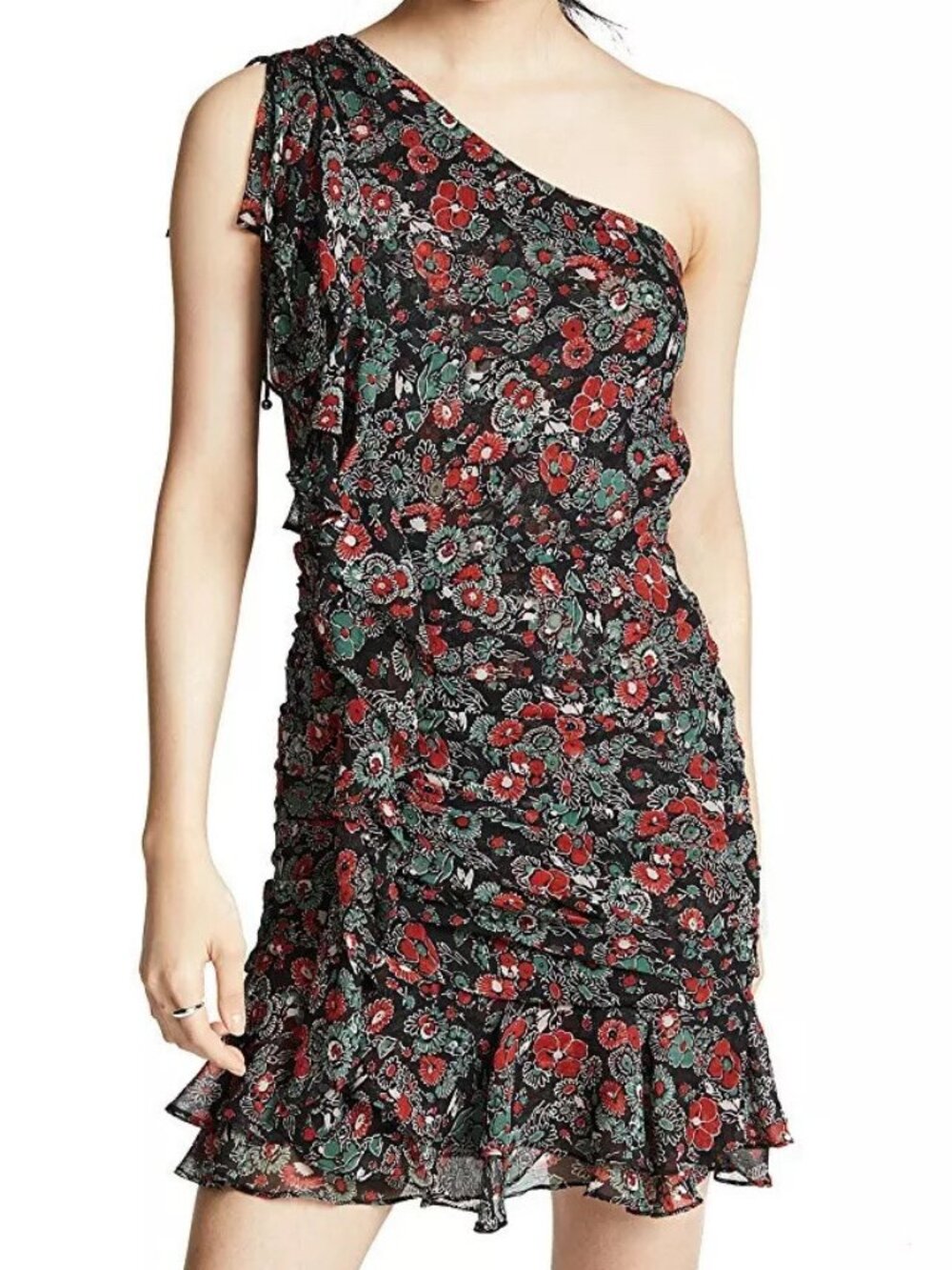 NWOT VERONICA BEARD 100% Silk Ballard Mini Dress One Shoulder Ruffle 6 Red Green